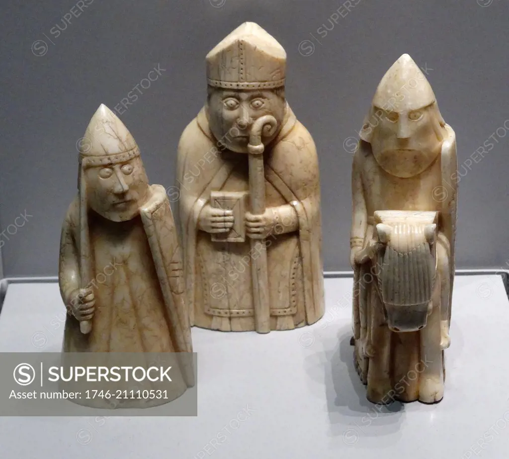 Medieval Lewis Chessmen made from carved walrus ivory 1150-1175 (circa). Discovered in Lewis in the western Isles off Scotland in 1831