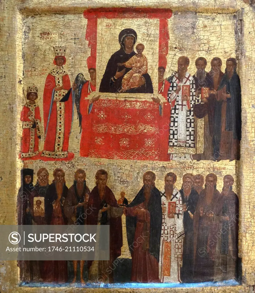 Icon of the Triumph of Orthodoxy. In ad 730 the Byzantine Emperor Leo III forbade the use of icons within the empire. Empress Theodora restored their use in 843. This icon celebrates the ëTriumph of Orthodoxyí over iconoclasm. It shows the empress (top left) and her son, Emperor Michael III, with saints and religious leaders. On an altar is an image of the Virgin Hodegetria ('she who shows the wayí), which was believed to have been painted by St Luke from life. About 1400 Egg tempera, gesso, woo