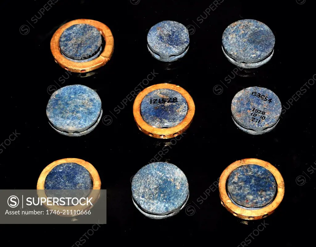 Early Mesopotamian Lapis Lazuli and gold discs used for decoration, Iraq, circa 2900-2300 BC Akkadian