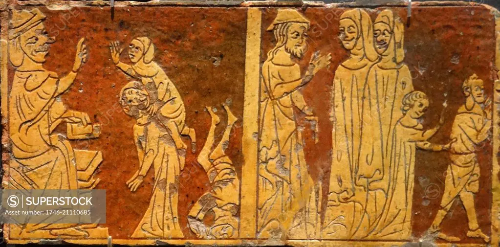 The Tring Tile, England, circa 1320-1330 Medieval ceramic tiles depicting the childhood miracles of Christ. Mosaic tiles from Byland Abbey