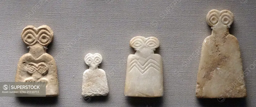 Sumerian stone head and eye figurines made of glazed faience and clay. From the Eye Temple, Tell Brak, Syria; during the Late Uruk period, 3300-3000 BC