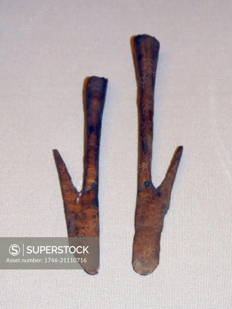 Sumerian Copper harpoons circa 2600 BC. From the graves at Ur, Iraq