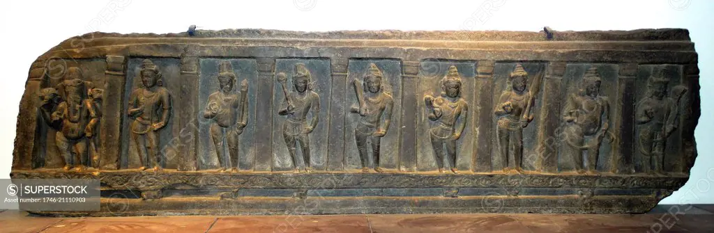 Lintel of Ganesha and the eight Dikpalas, Eastern India, 1000-1100 AD Carved basalt. Dikpalas guard the temple threshold, standing between the sacred and the profane.