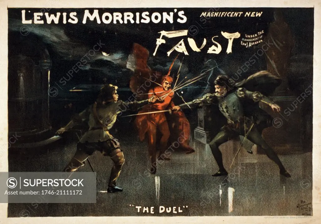 Advertisement poster for Lewis Morrison's 'Magnificent New Faust'. Showing a scene titled 'The Duel'.