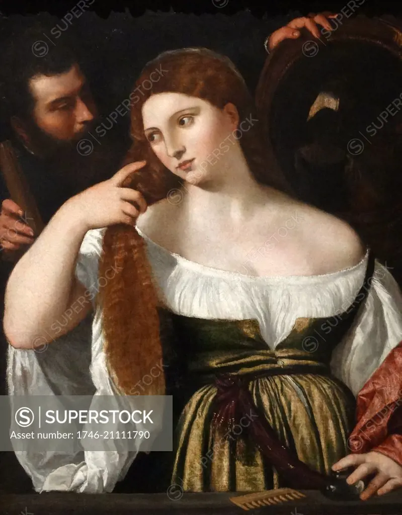 Painting titled 'Girl before the mirror' by Titan, Italian painter, the most important member of the 16th-century Venetian school. Dated 16th Century