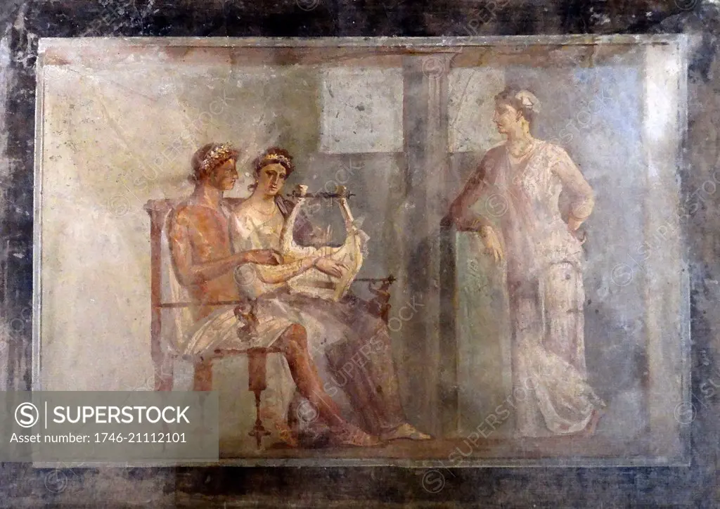 Roman fresco of a woman playing the lyre Roman, 50 -79 AD; From Pompeii ...