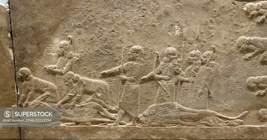 Relief showing Lion hunt on horseback. Assyrian, about 645-635 BC From Nineveh, North Palace, Iraq.