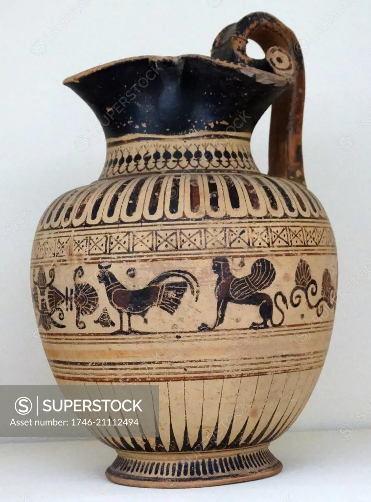 Wine-jug decorated with a siren and sphinx. Laconia, Greece. Dated 550 BC