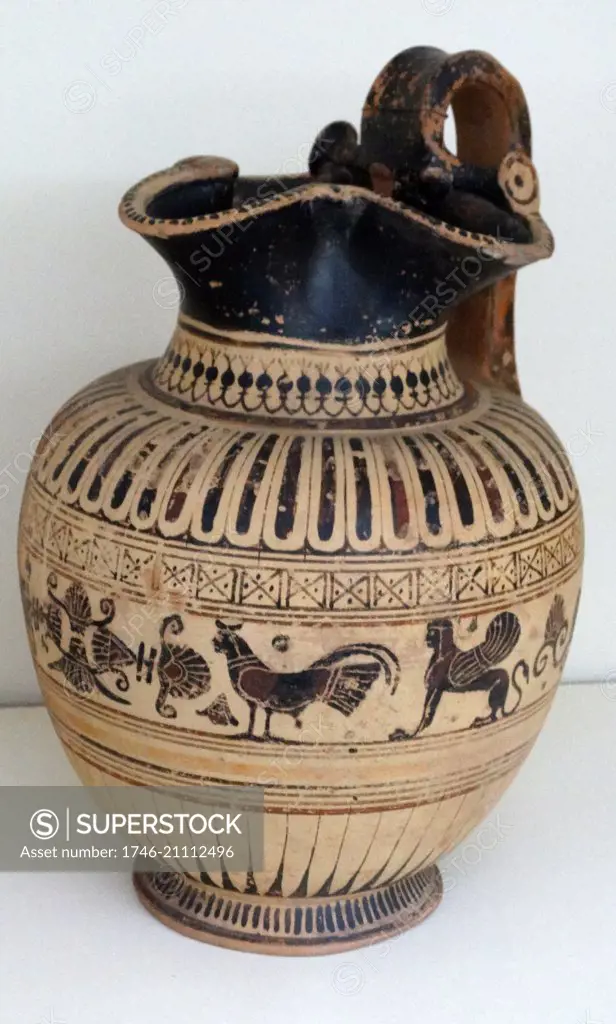 Wine-jug decorated with a siren and sphinx. Laconia, Greece. Dated 550 BC