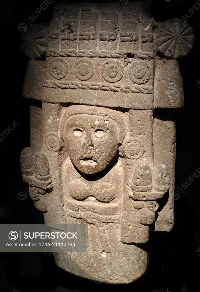 Aztec volcanic rock statue of Chicomecoatl the Goddess of maize and groundwater. Dated 14th Century