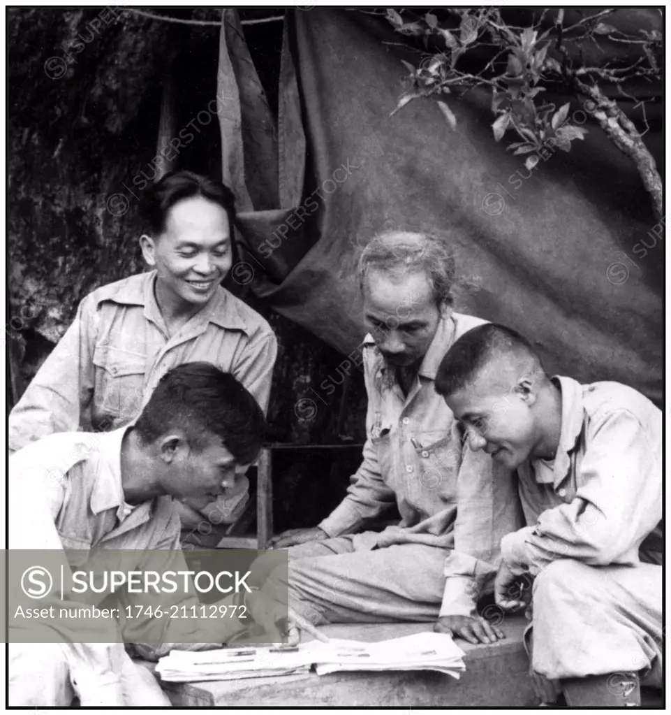 North Vietnamese communist military high command circa 1955. Top left Ngyen Van Giap and right Ho Chi Minh