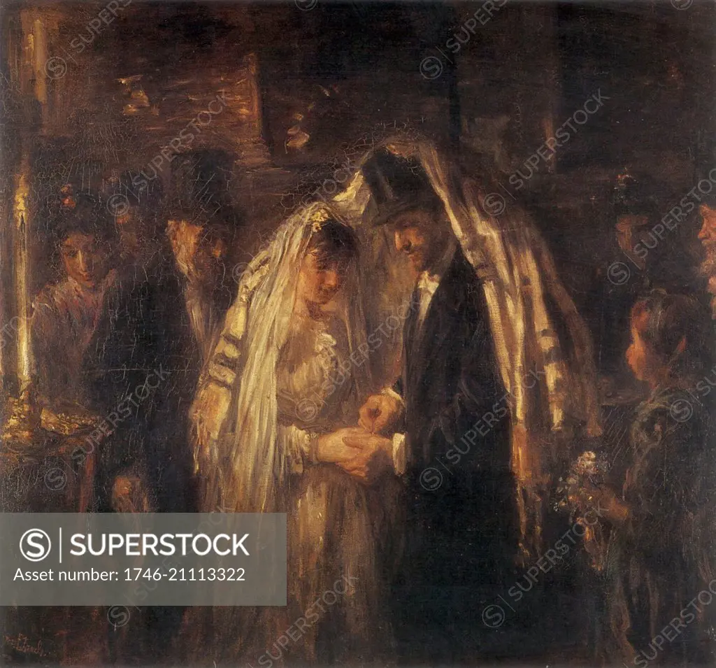 Painting depicting a Jewish wedding. Oil on canvas. Dated 1903