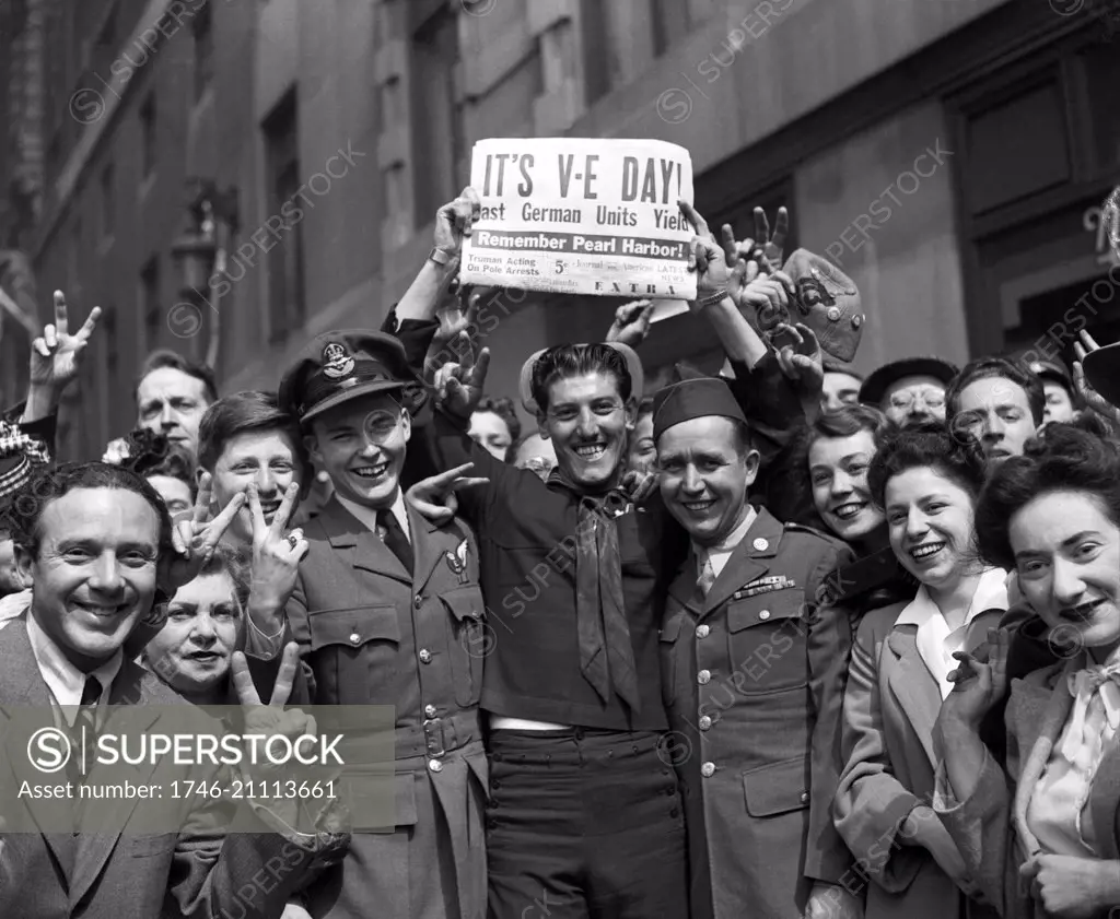 London May 1945. Crowd celebrates VE day marking the German surrender in World war two