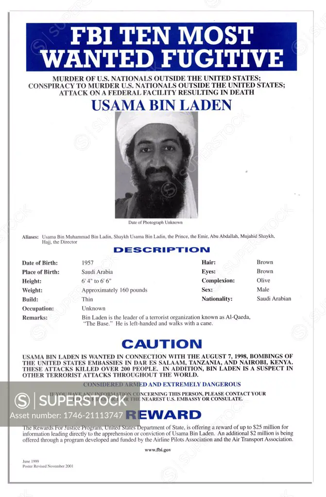 FBI Most Wanted poster of Osama Bin Laden the Al Qaida terrorist group leader 2001