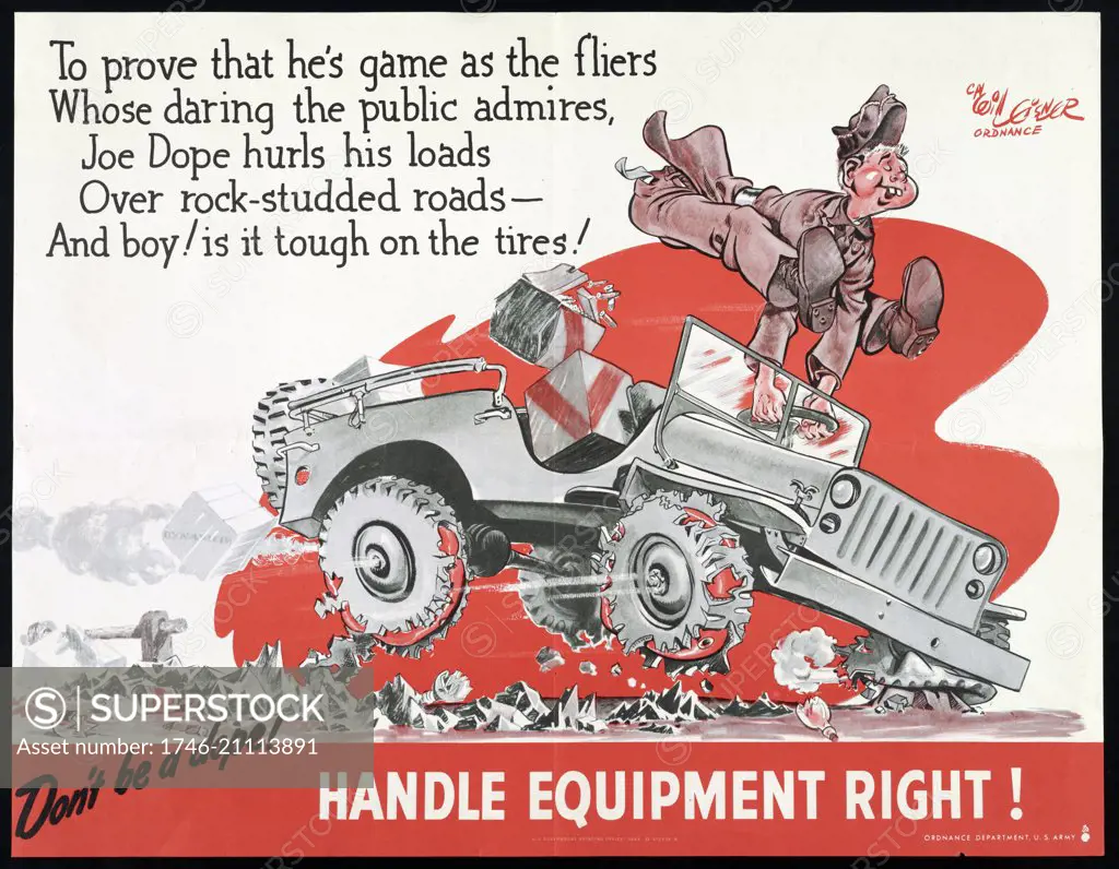 Propaganda poster from WWII warning against the mistreatment of armed forces equipment.