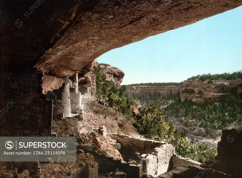 Colour photograph of Cliff Palace. The largest cliff dwelling in North America. The structure built by the Ancestral Puebloans is located in Mesa Verde National Park in their former homeland region, Mesa Verde. Dated 1906