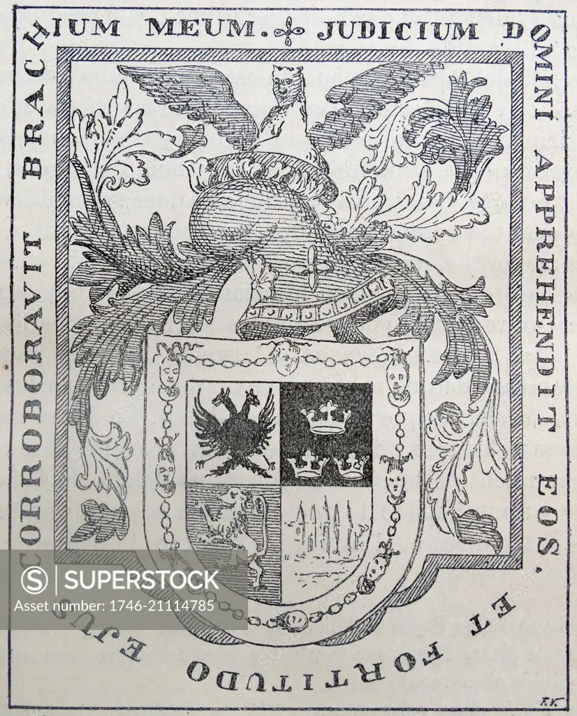 Coat of arms belonging to Hernando Cortes (1485 ñ 1547); Spanish Conquistador who led an expedition that caused the fall of the Aztec Empire and brought large portions of mainland Mexico under the rule of the King of Castile in the early 16th Century