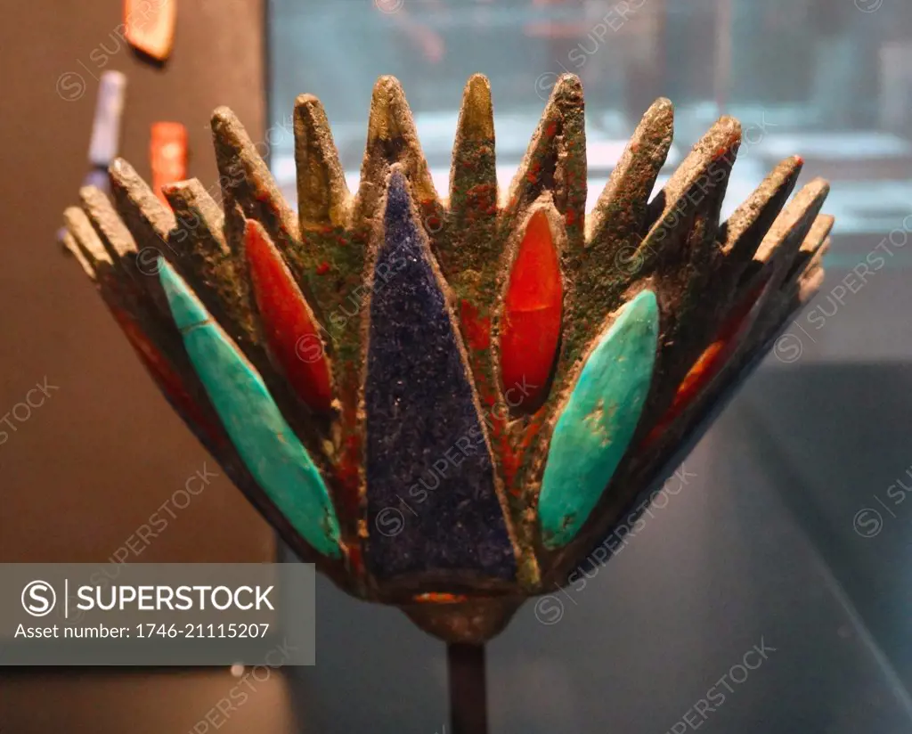 Ancient Egyptian, Representation of a lotus flower. bronze inlaid with turquoise, lapis and carnelian ( 715-332 BC )