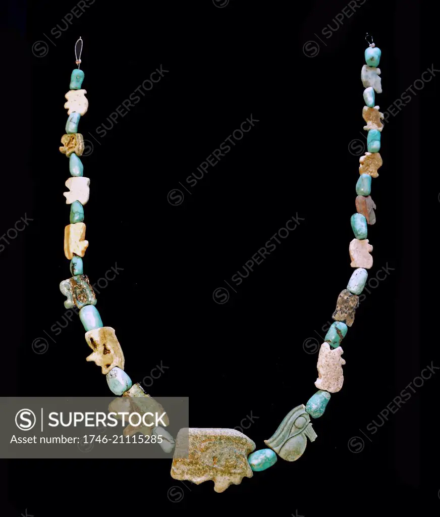 Egyptian Necklace with faience Wadjet-amulets and turquoise beads. Ptolemaic Period (302-30 BC). Lapis lazuli represented the night)sky; the hair of the gods was made of lapis lazuli