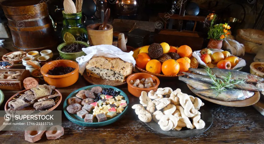 Tudor period food in preparation, at Sulgrave Manor, England, ancestral home of George Washington. 2015