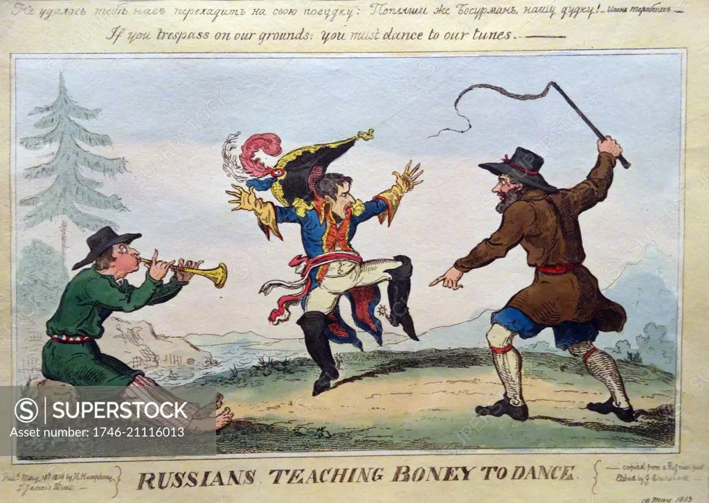 Hand-coloured etching titled 'Russians Teaching Boney to Dance' by Ivan Ivanovitch Terebenev (1780-1815) Russian artist. Dated 1813