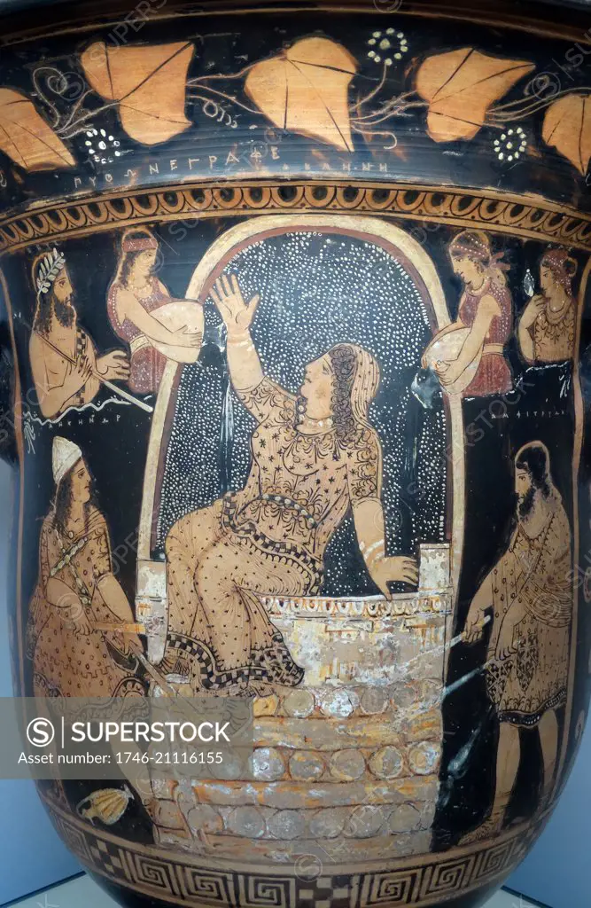 Greek Red-figured bell-krater (wine bowl) with Alkmena seated on an altar, stacked with wood. Made in Paestum about 330 BC, signed by Python as painter