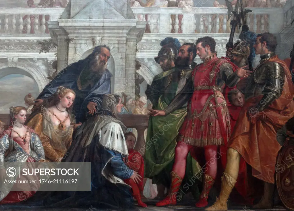 The Family of Darius before Alexander. 1565ñ1570. oil on canvas, painting by Paolo Veronese. The painting shows Alexander the Great with the family of Darius III, the Persian king he had defeated in battle. Paolo Caliari, known as Paolo Veronese (1528 ñ 19 April 1588) was an Italian Renaissance painter based in Venice