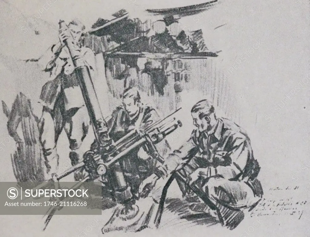 nationalist soldiers in the siege of Madrid 1938. Drawn by Kemer, during the Spanish Civil War