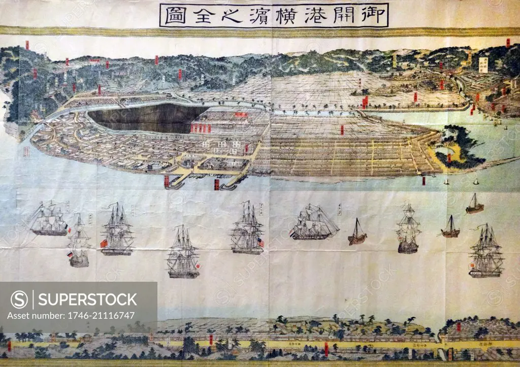 Colour woodblock print of the Complete Picture of the Officially Opened Port of Yokohama, near Edo (Tokyo). Sections of the print were recarved as the port increased in size. Dated 1870