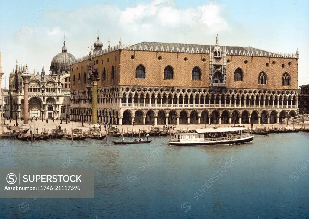 View of the Doge's Palace in Venice, Italy. Photochrom colour, 1890.