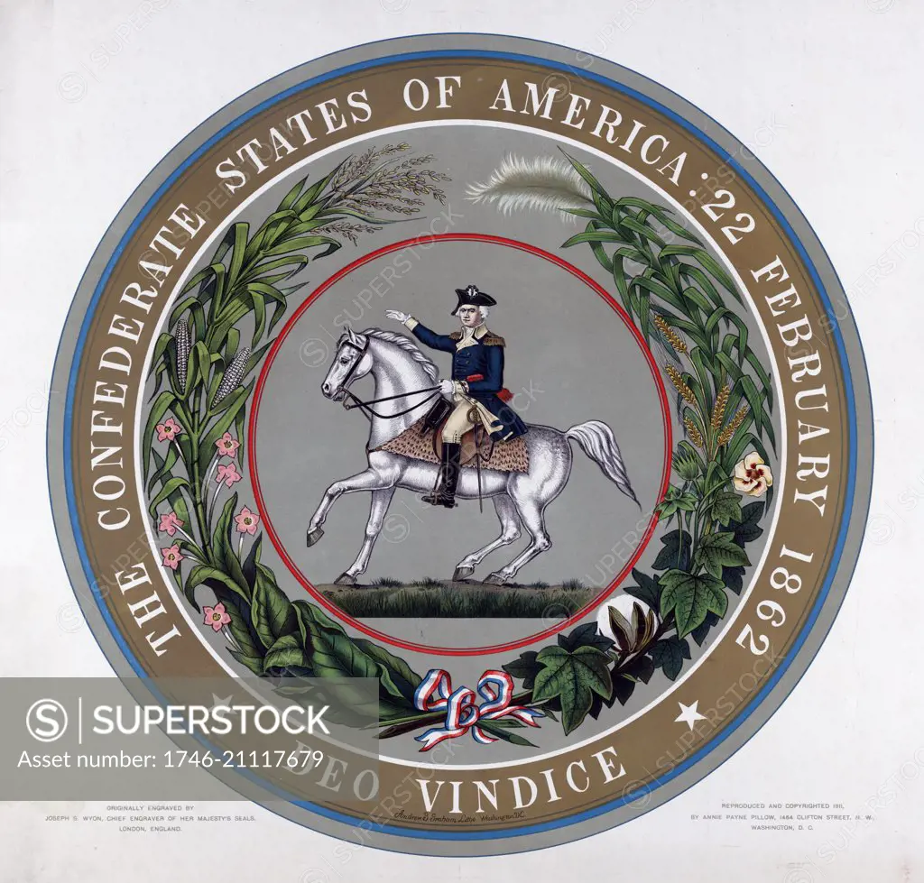 The Conference States of America : 22 February 1862 - deo Vindice by Andrew B Graham, lithographer. Print : lithograph, colour, Print shows The Great Seal of the Conference States of America with George Washington at the center of a seal, in a full-length portrait, wearing military uniform, sitting on a horse, facing left, with a border comprised of plants representing the agriculture of the South, cotton, tobacco, corn, wheat, sugar cane and rice and the text forming the outer rim with the mott