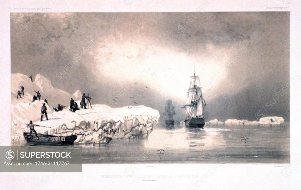 Disembrcation from arctic exploration ships 1838. Antarctic exploration illustrated in 'Voyage au pole sud et dans l'Oceanie.' The French ship L'Astrolabe stuck in ice 1842