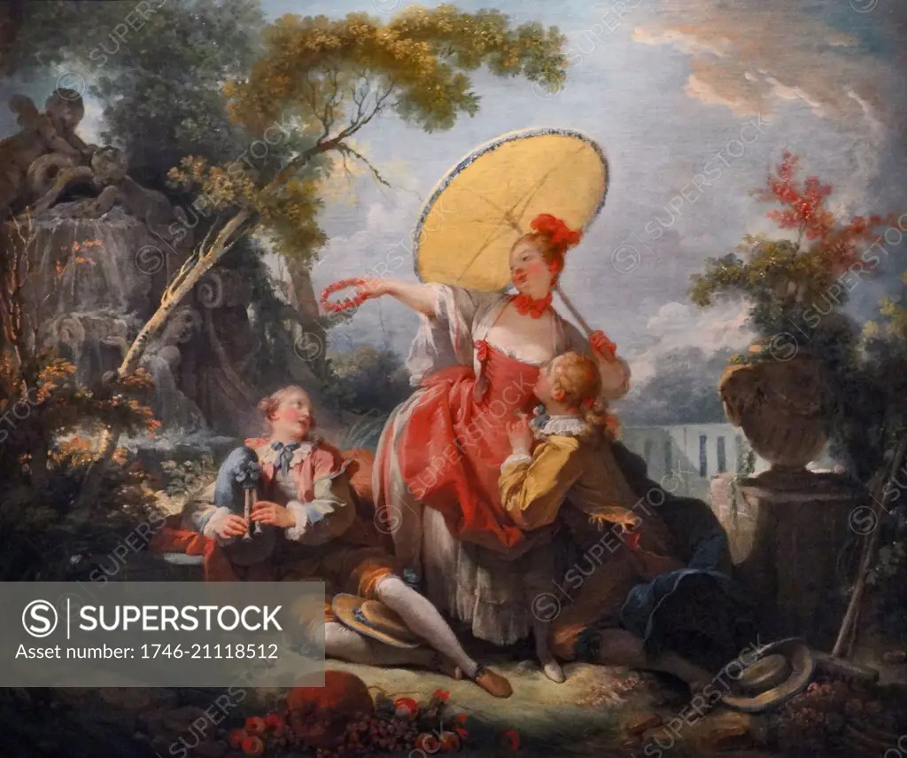 Painting titled 'The Musical Contest' by Jean-Honoré Fragonard (1732-1806) French painter and printmaker of the Rococo manner. Dated 18th Century