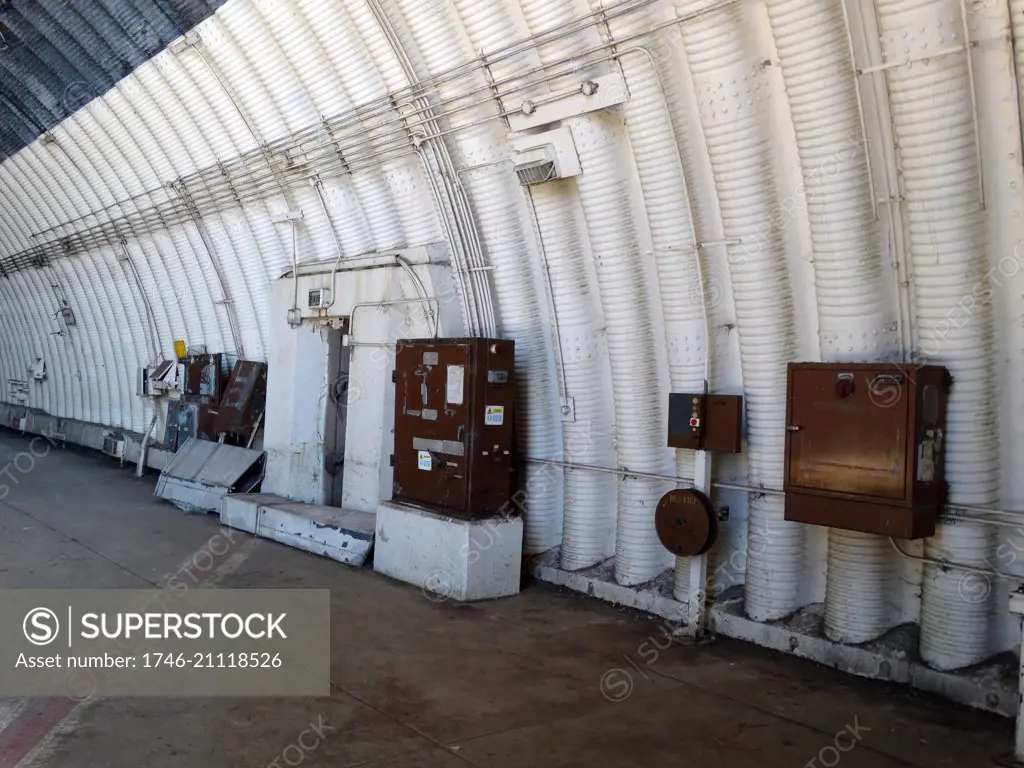 Interior of disused hanger at the RAF Upper Heyford Base, used by the United States Air Force Strategic Air Command (SAC) strategic bombers and later United States Air Forces In Europe (USAFE) tactical reconnaissance. Dated 2015