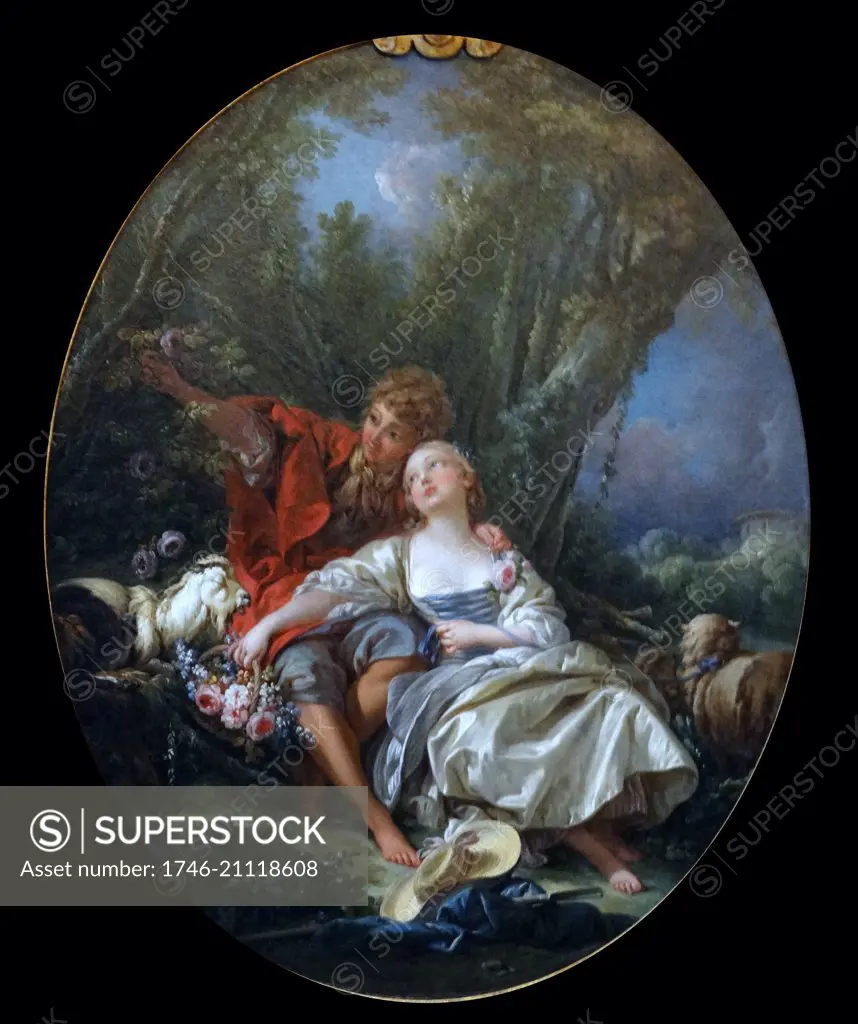 Painting titled 'Shepherd and Shepherdress Reposing' by François Boucher (1703-1770) French painter in the Rococo style. Dated 18th Century