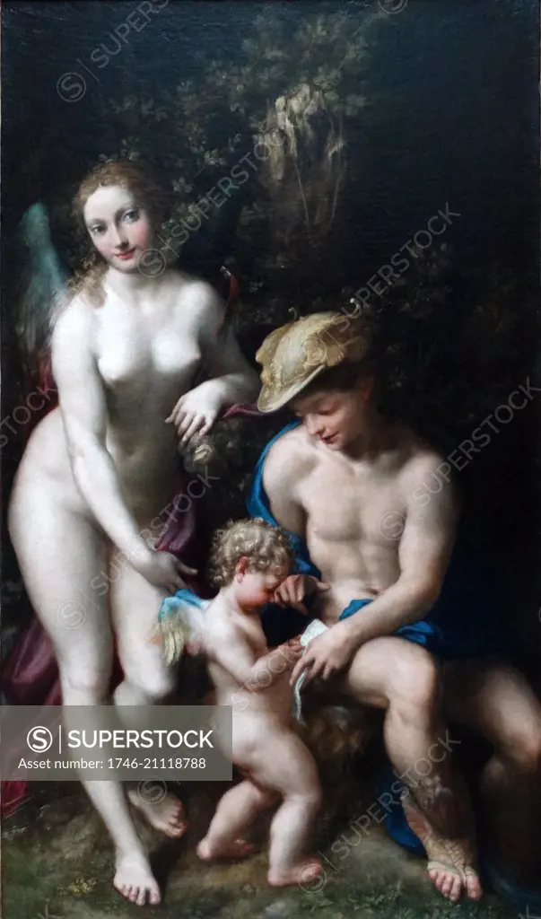 Painting titled 'The School of Love' by Antonio da Correggio (1489-1534) painter of the Parma school of the Italian Renaissance. Dated 16th Century