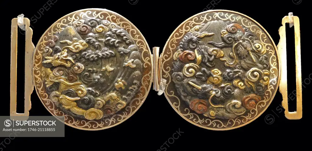 19th Century silver, bronze, gold and enamel clasp from Japan