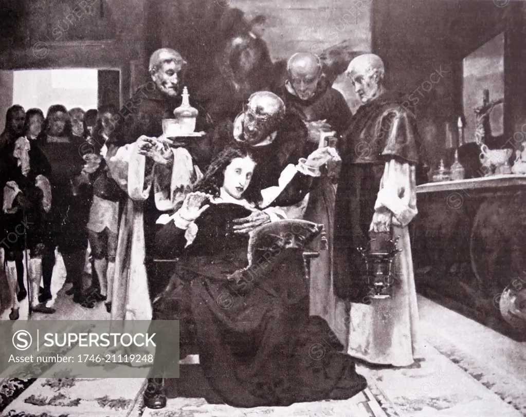 King Charles II (Carlos II) (1661 ñ 1700) last Habsburg ruler of Spain. He is noted for his extensive physical, intellectual, and emotional disabilities. Seen here with various doctors administering medicines.