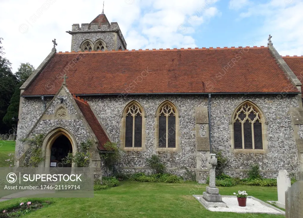 St Michael and All Angels Anglican church, in Hughenden, Buckinghamshire, England. Hughenden is closely associated with the nearby Hughenden Manor and the former Prime Minister of the United Kingdom, Benjamin Disraeli who is buried in the churchyard.