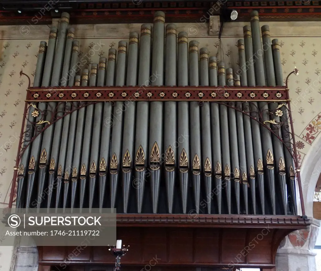 19th century organ at St Michael and All Angels Anglican church, in Hughenden, Buckinghamshire, England. Hughenden is closely associated with the nearby Hughenden Manor and the former Prime Minister of the United Kingdom, Benjamin Disraeli who is buried in the churchyard.