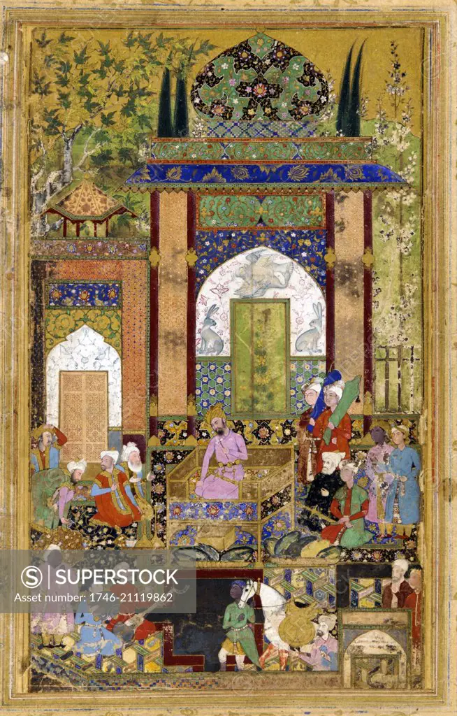 Babur holding Court, 1589. Babur (1483 ñ 1530), conqueror from Central Asia who, succeeded in laying the basis for the Mughal dynasty in the Indian subcontinent and became the first Mughal emperor.