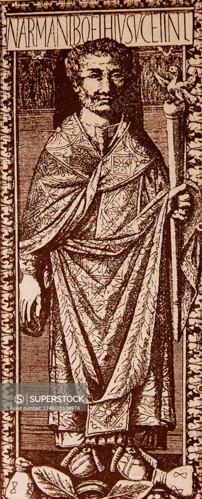 Engraving depicting Anicius Manlius Severinus Boëthius (480-524) a Roman senator, consul, magister officiorum, and philosopher of the early 6th century