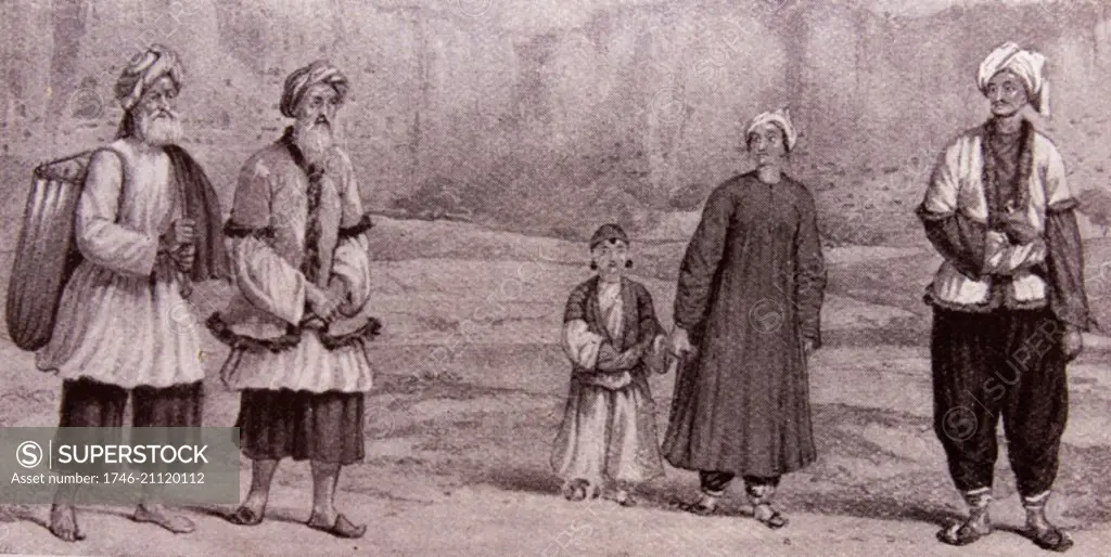 Engraving depicting Tajiks, Persian-speaking villagers of Eastern Afghanistan. Dated 19th Century