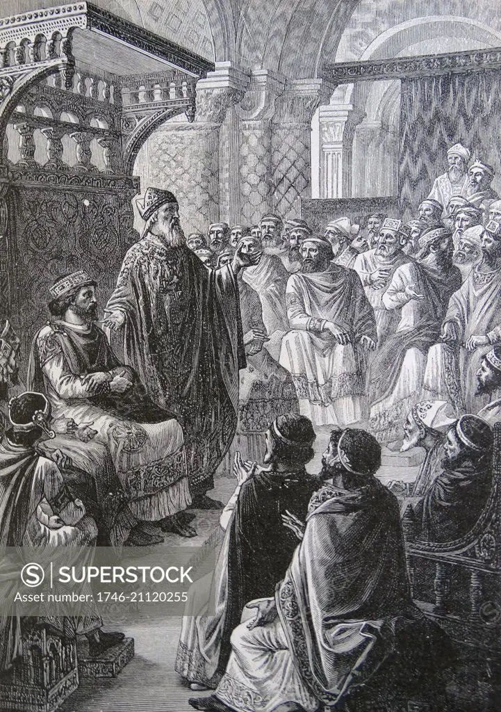 Engraving depicting the crowning of Hugh Capet as King of France at Rheims. Dated 10th Century