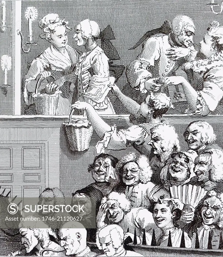 The Laughing Audience, Bill of Sale 1733; by William Hogarth (1697 ñ 1764). English painter, printmaker, pictorial satirist. The Laughing Audience is divided into three sections which depict three classes of people