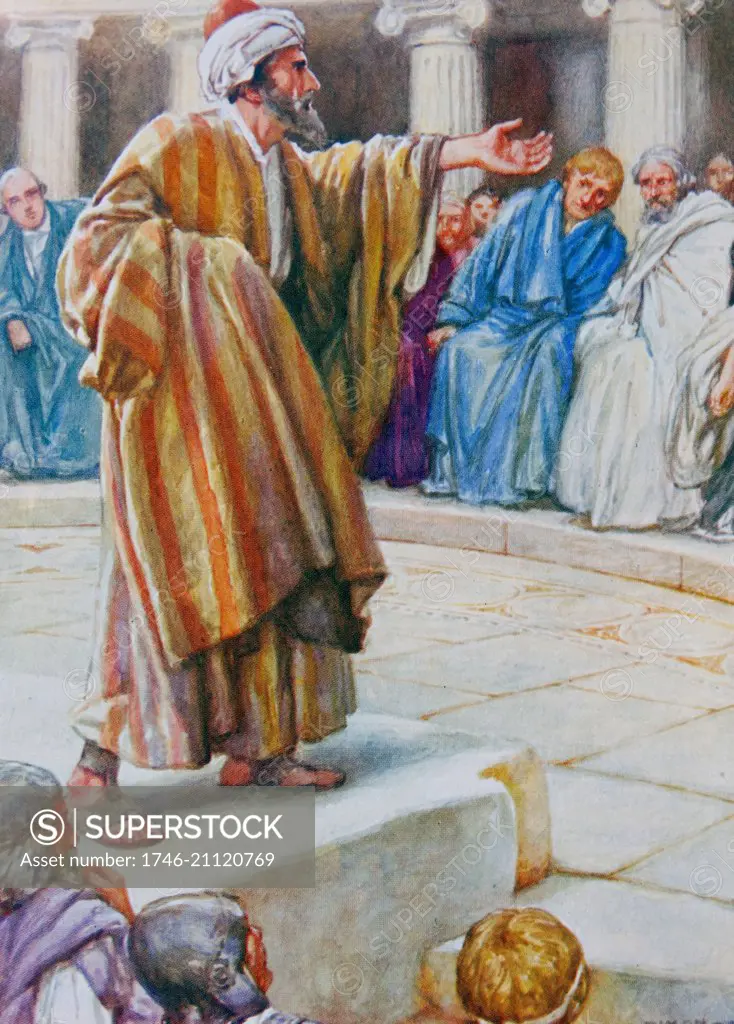 Paul the Apostle (c. 5 ñ c. 67), Saint Paul delivering the Areopagus sermon in Athens. illustration by Arthur A. Dixon 1872-1959. From the Precious Gift: Bible Stories for Children by T W Wilson (1910).