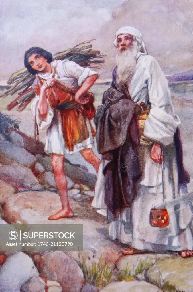 Abraham leads Isaac to the point of sacrifice. illustration by Arthur A. Dixon 1872-1959. From the Precious Gift: Bible Stories for Children by T W Wilson (1910).