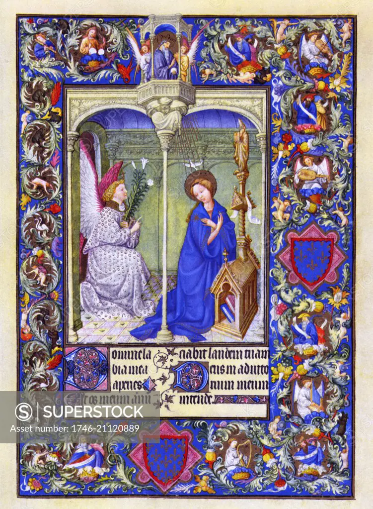 Illumination depicting the annunciation from the Belles Heures of Jean de France, Duc de Berry (The Beautiful Hours) an early 15th-century illuminated manuscript book of hours. Dated 15th Century