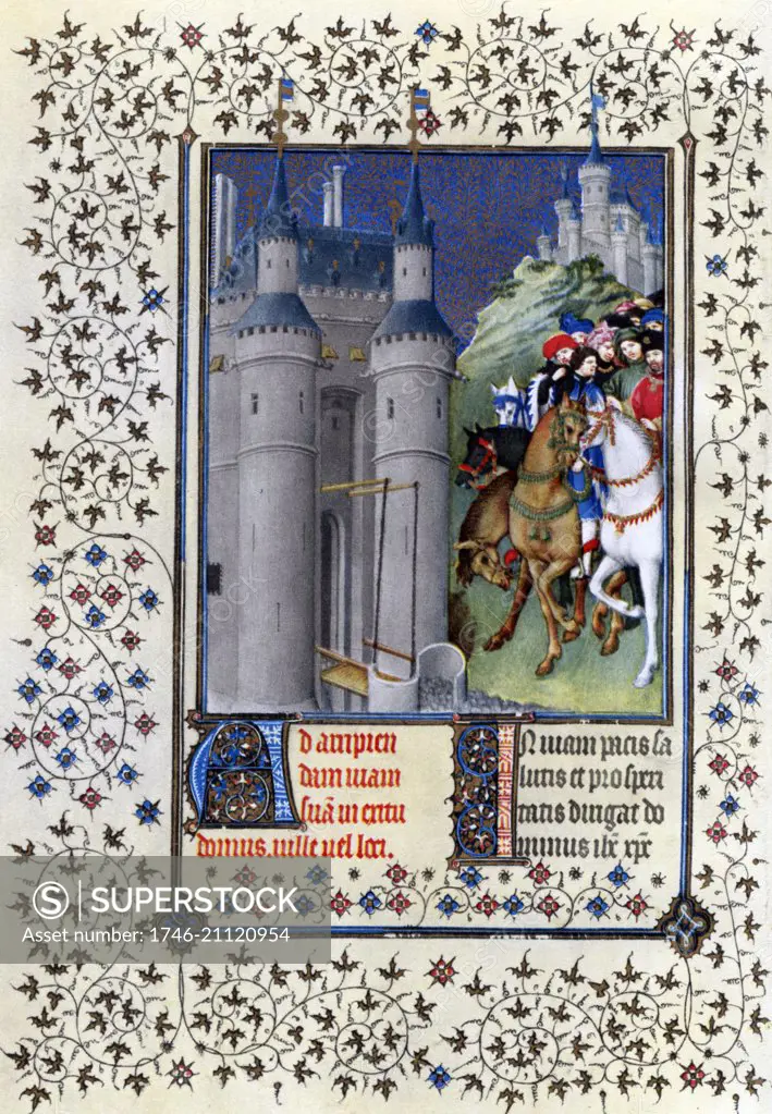 Illumination depicting Duc de Berry on a Journey from the Belles Heures of Jean de France, Duc de Berry (The Beautiful Hours) an early 15th-century illuminated manuscript book of hours. Dated 15th Century