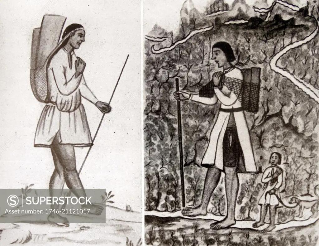 17th century Spanish colonial illustration of a Peruvian native carrying a load on his back